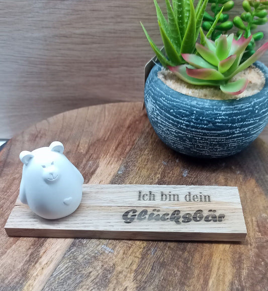 Deko Set Aus Keramikguss auf Holzsockel " Ich Bin Dein Glücksbär"