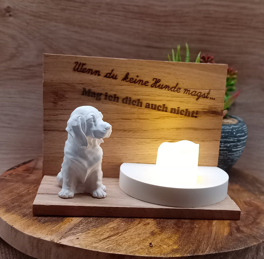 Deko mit Holz und Hund aus Keramikguss, mit Teelichthalter